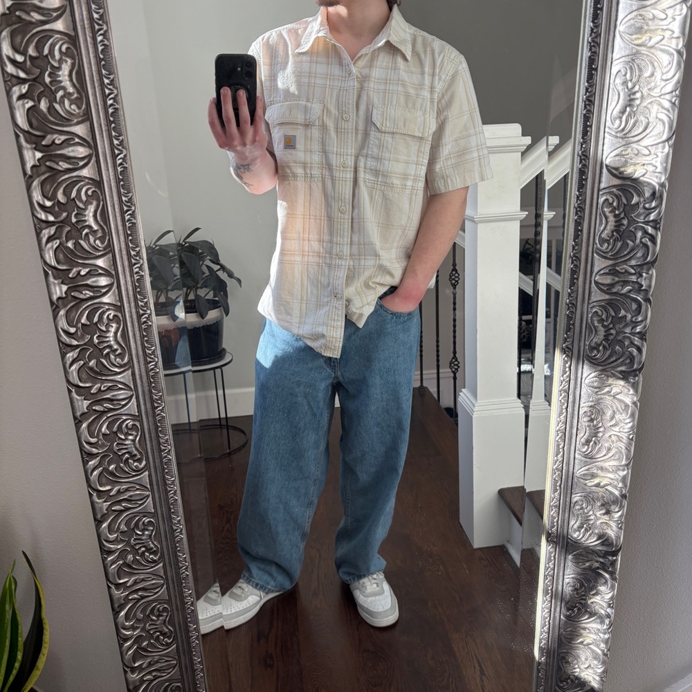 Carhartt Cream & White Plaid Loose Fit Midweight Short Sleeve Workwear Shirt